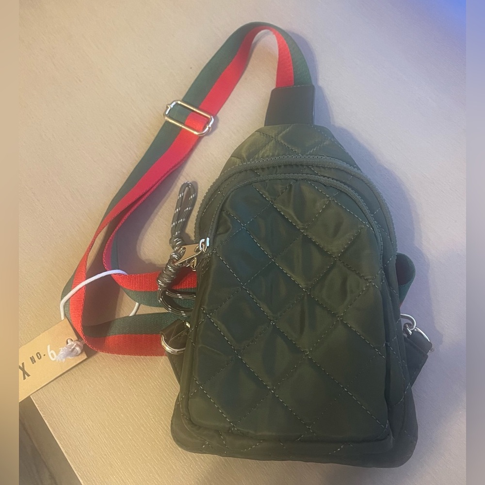BRAND NEW sling crossbody bag // Mix No. 6 // olive green with red & green strap